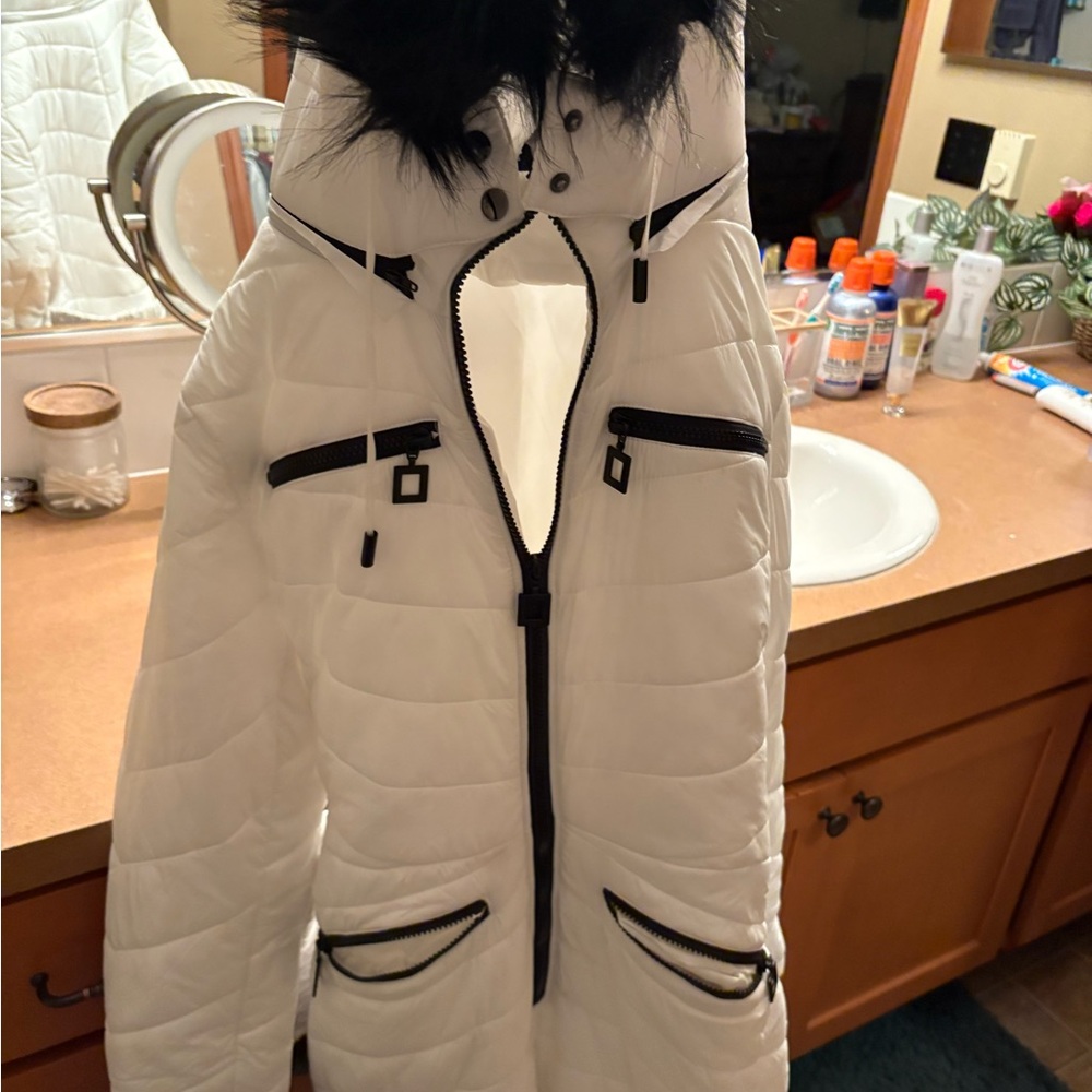 Women's White Puffer Jacket with Black Accents